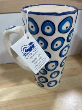 Myth Arts Hand Crafted in Turkey stoneware latte mug blue & white design NEW!